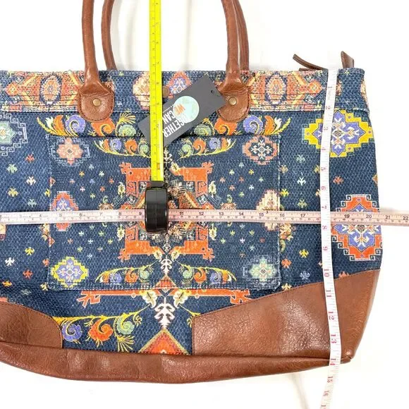NWT Mona B Weekender Tote Blue Tan Upcycled Canvas Boho Carpet Print - Picture 8 of 11